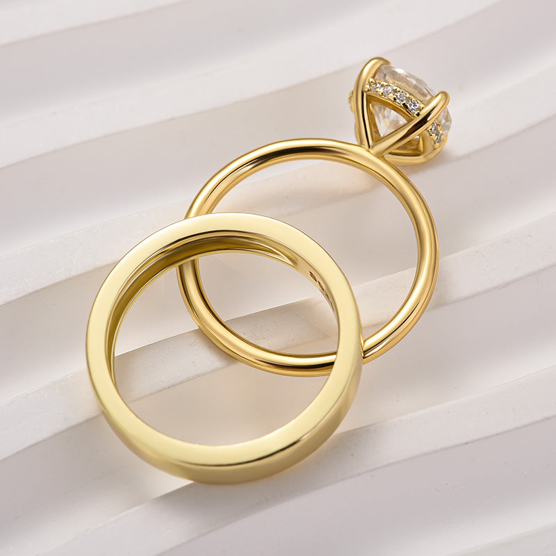 Ahabobo Moissanite 2.0 Carat Round Cut Yellow Gold Wedding Ring Set With Wide Wedding Band