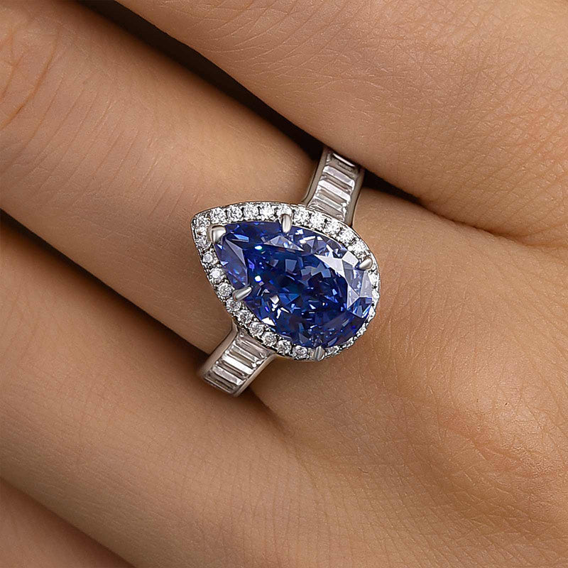 Luxury Aquamarine Blue 4.0 Carat Pear Cut Engagement Ring In Sterling Silver