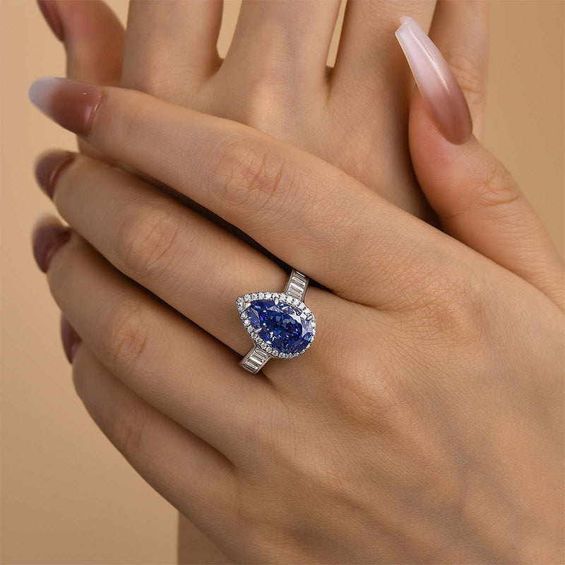 Luxury Aquamarine Blue 4.0 Carat Pear Cut Engagement Ring In Sterling Silver
