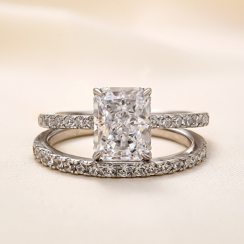 Ahabobo 2.0CT Radiant Cut Wedding Ring Set With Classic Wedding Band