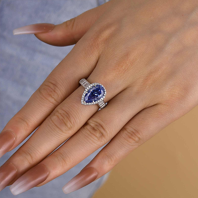 Luxury Aquamarine Blue 4.0 Carat Pear Cut Engagement Ring In Sterling Silver