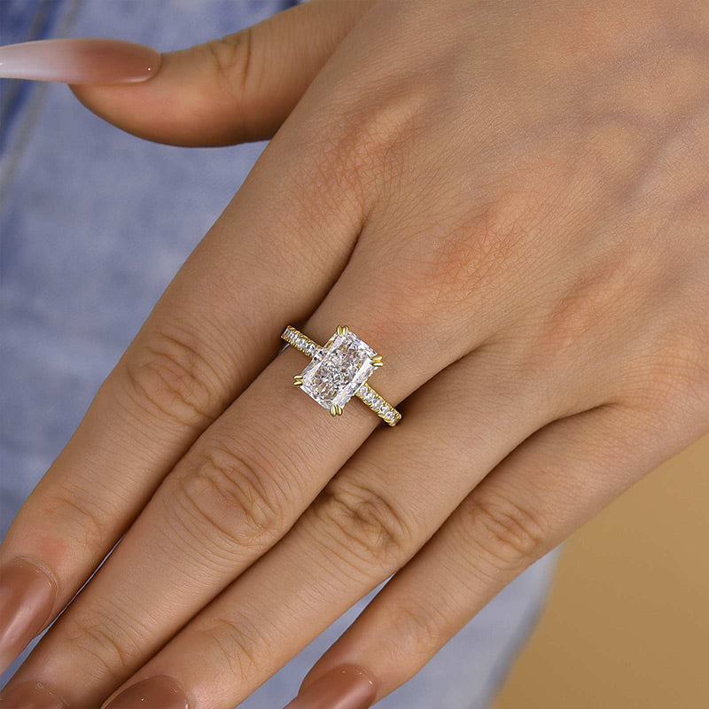 Stunning Yellow Gold Radiant Cut Sona Simulated Diamond Engagement Ring In Sterling Silver