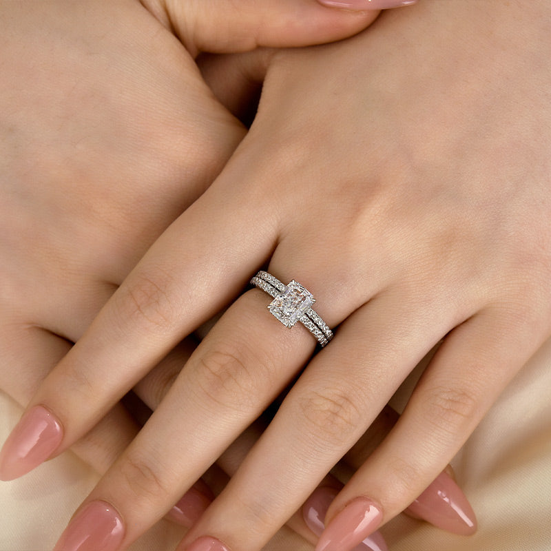 Ahabobo 2.0CT Radiant Cut Wedding Ring Set With Classic Wedding Band