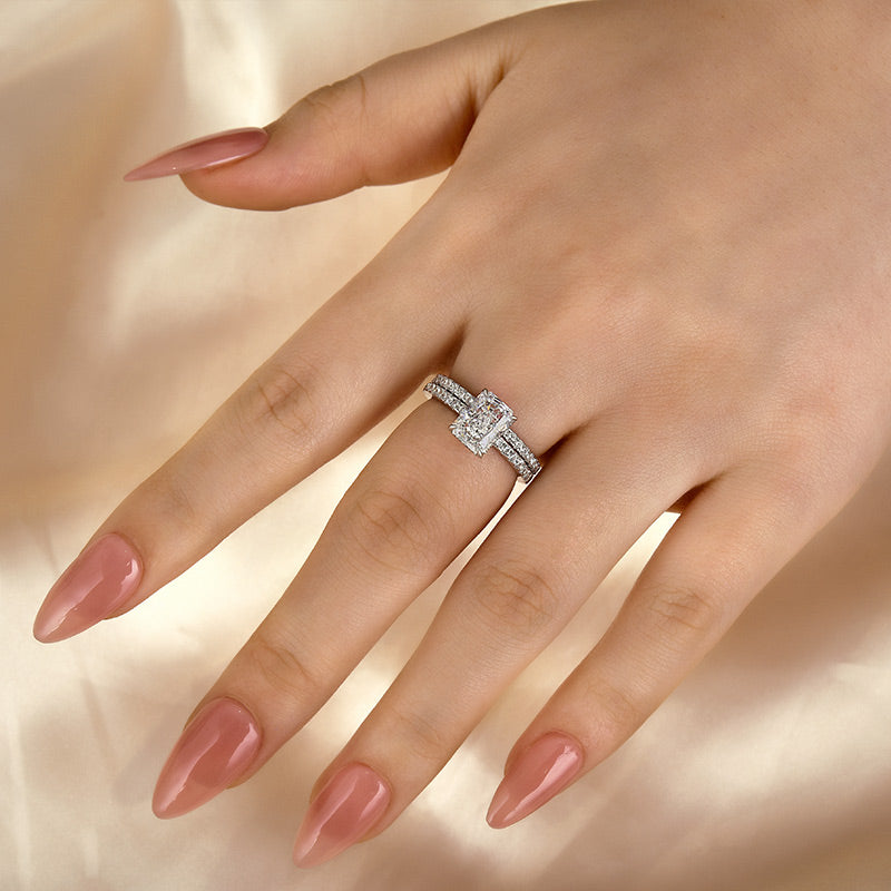 Ahabobo 2.0CT Radiant Cut Wedding Ring Set With Classic Wedding Band