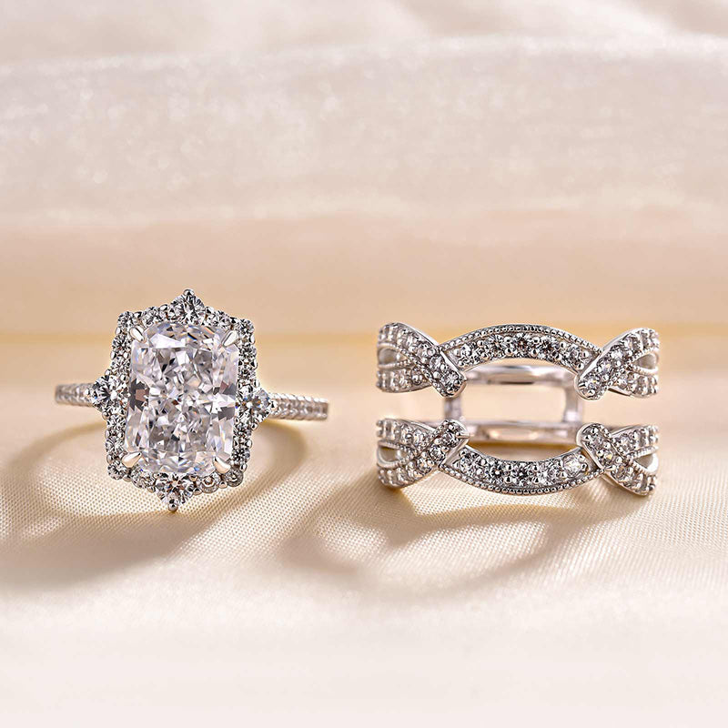 Vintage 3.5 Carat Halo Radiant Cut Insert Wedding Ring Set Travel Ring For Women In Sterling Silver