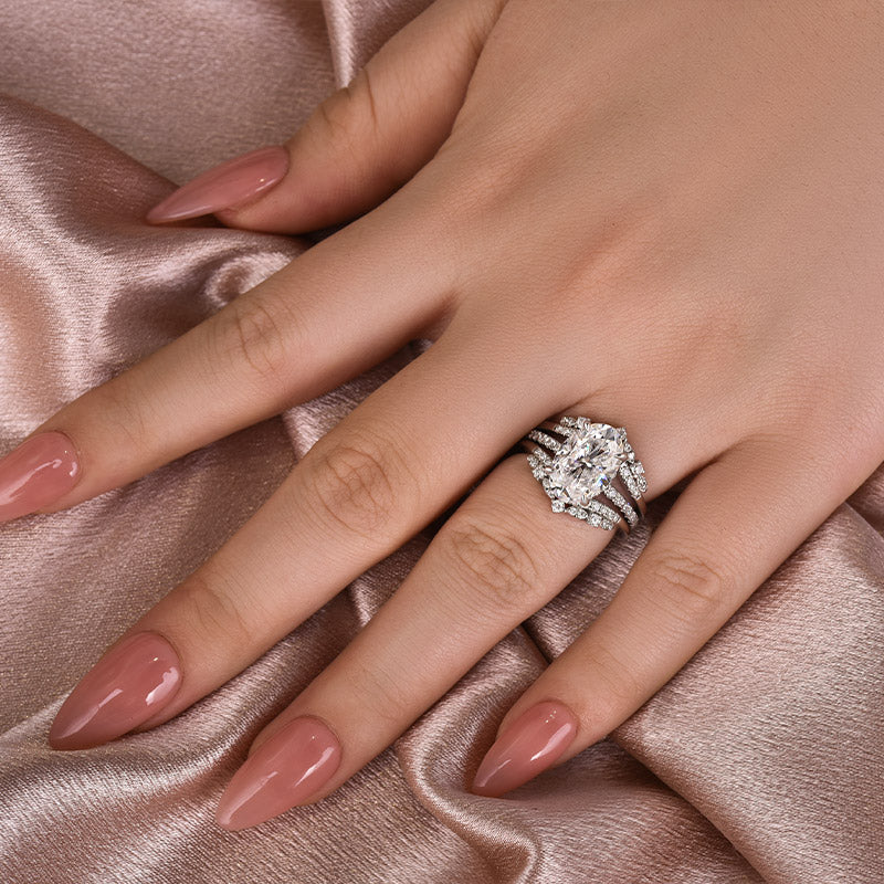 Moissanite 4.0 Ct Oval Cut Insert Wedding Ring Set With Jacket Stack Wedding Band
