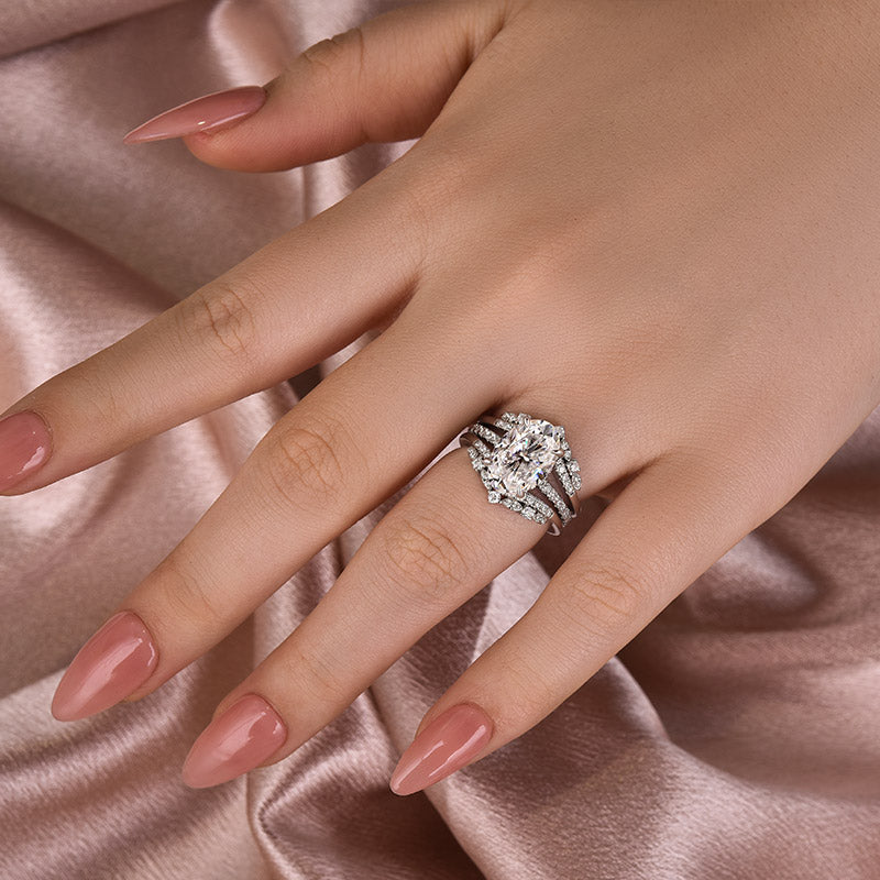 Moissanite 4.0 Ct Oval Cut Insert Wedding Ring Set With Jacket Stack Wedding Band