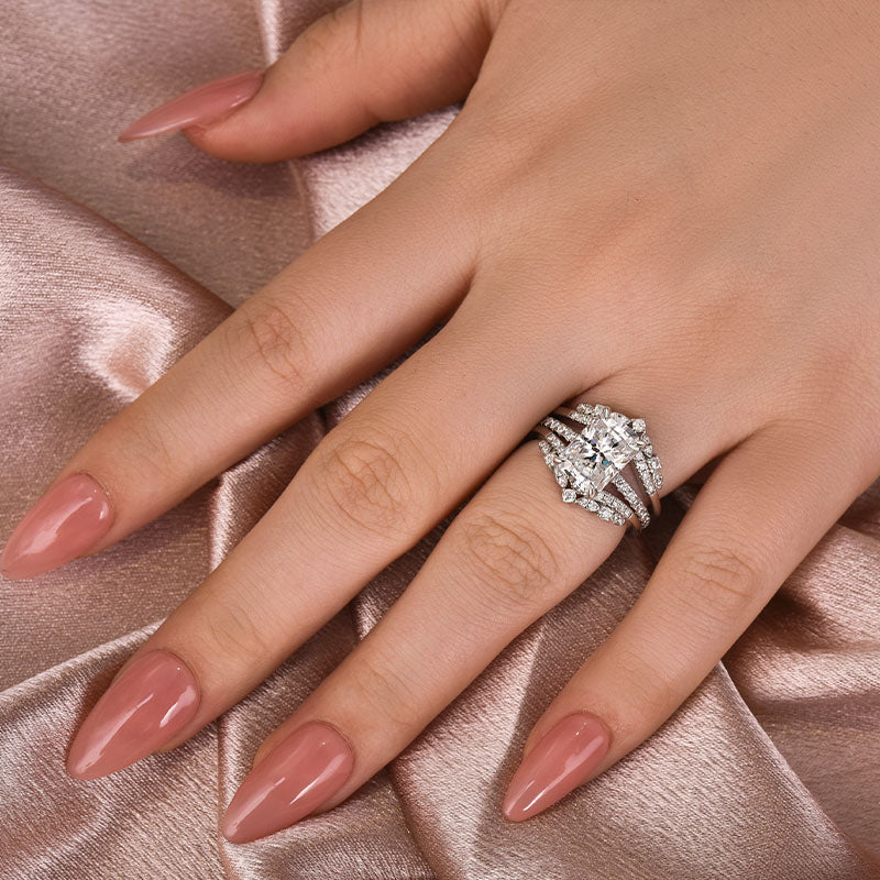 Moissanite 3.5 Ct Radiant Cut Insert Wedding Ring Set With Jacket Stack Wedding Band