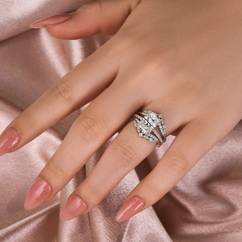 Moissanite 3.5 Ct Radiant Cut Insert Wedding Ring Set With Jacket Stack Wedding Band