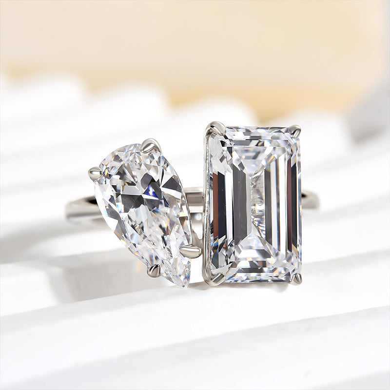 Unique Double Stones Design Emerald Cut & Pear Cut Engagement Ring In Sterling Silver