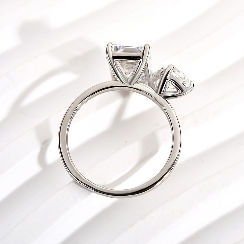 Unique Double Stones Design Emerald Cut & Pear Cut Engagement Ring In Sterling Silver