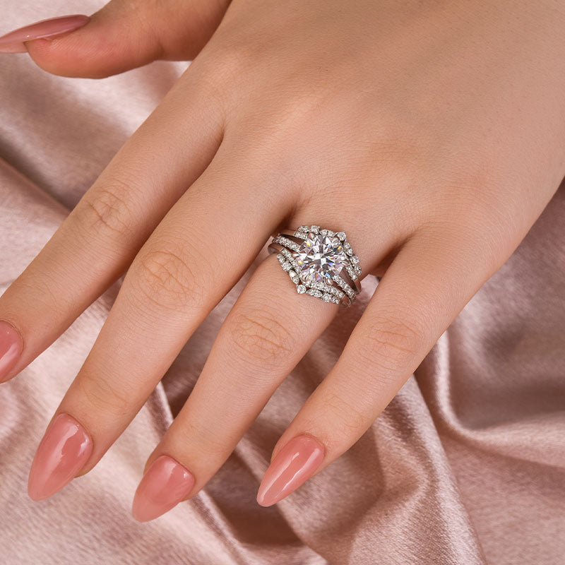 Moissanite 3.0 Ct Round Cut Insert Wedding Ring Set With Jacket Stack Wedding Band
