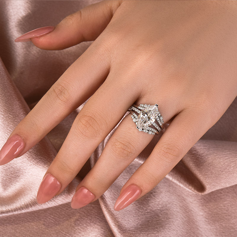 Moissanite 4.0 Ct Marquise Cut Insert Wedding Ring Set With Jacket Stack Wedding Band