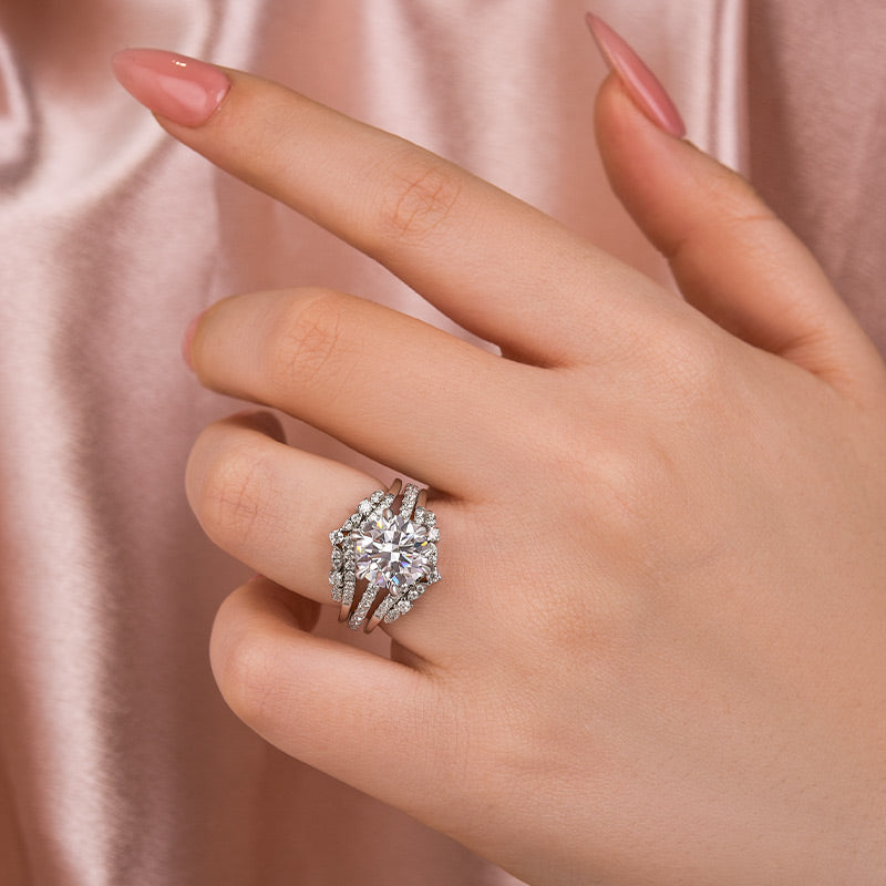 Moissanite 3.0 Ct Round Cut Insert Wedding Ring Set With Jacket Stack Wedding Band
