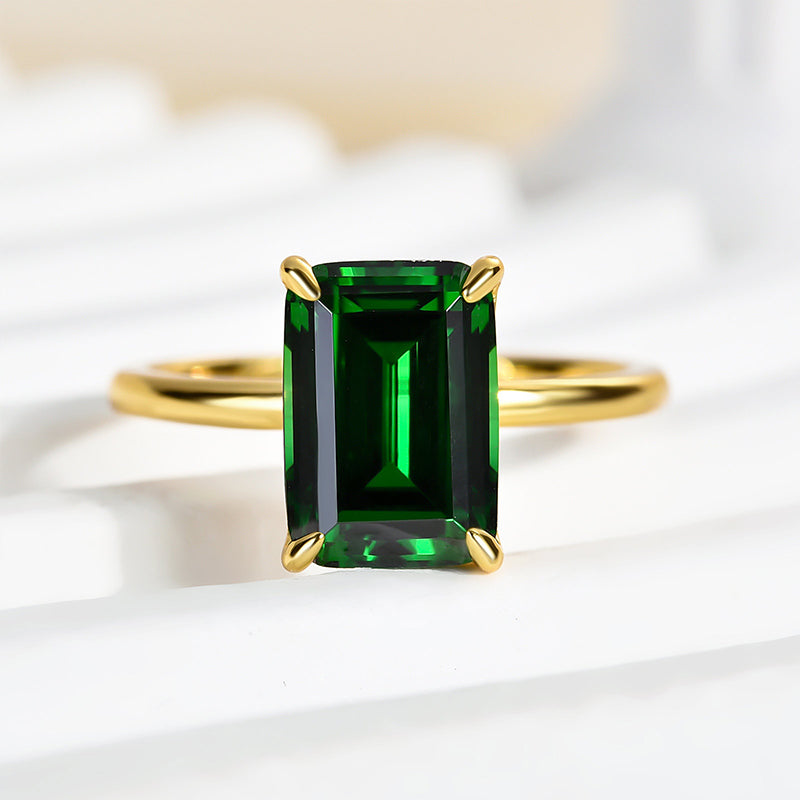 Classic Yellow Gold Emerald Cut Engagement Ring In Sterling Silver