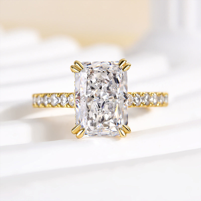 Stunning Yellow Gold Radiant Cut Sona Simulated Diamond Engagement Ring In Sterling Silver