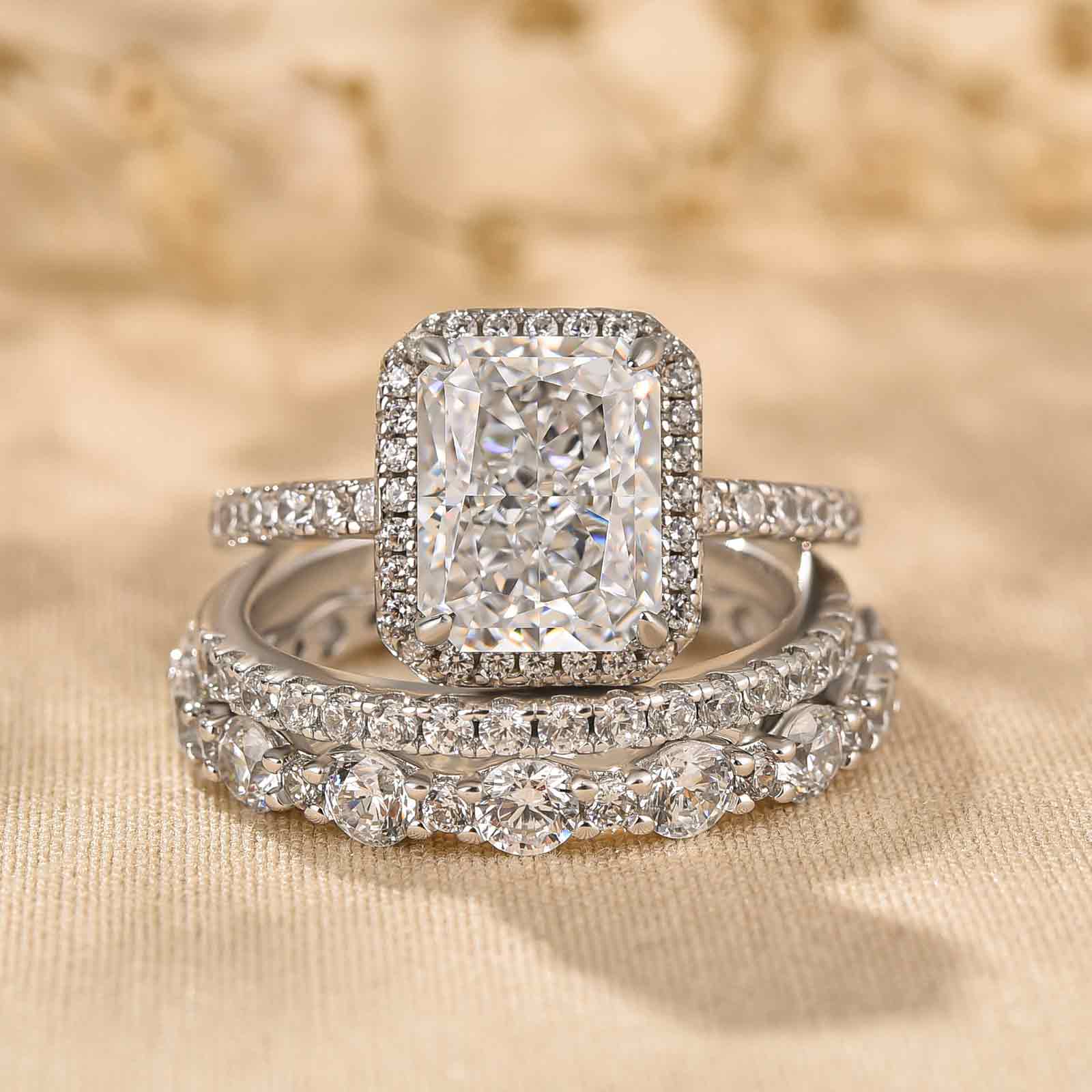 Gorgeous Halo Radiant Cut 3PC Wedding Ring Set For Women In Sterling Silver