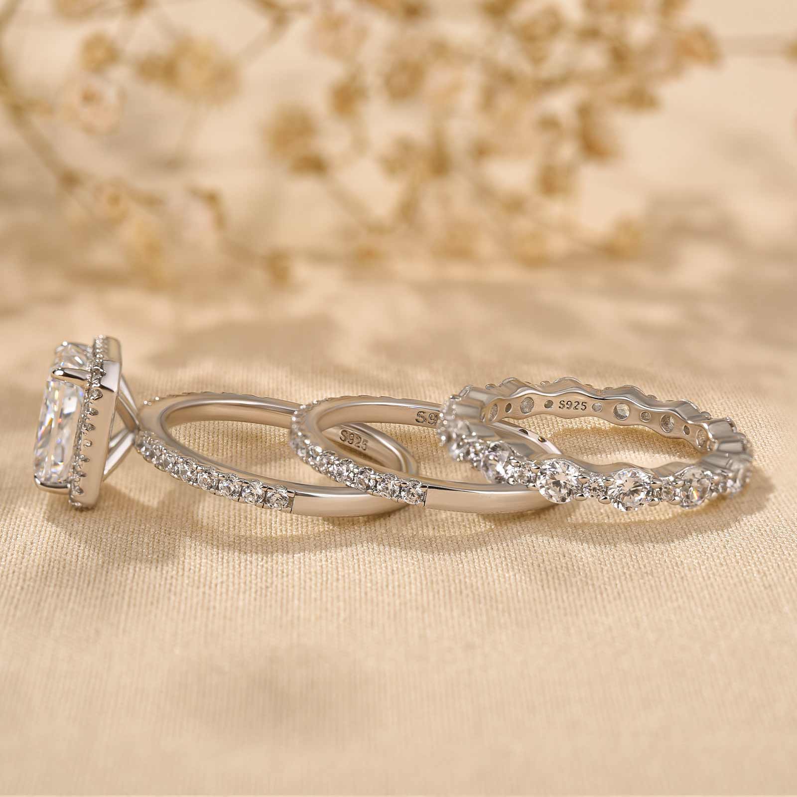Gorgeous Halo Radiant Cut 3PC Wedding Ring Set For Women In Sterling Silver