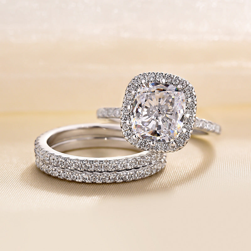 Elegant 3.0Ct Halo Cushion Cut 3PC Wedding Set In Sterling Silver