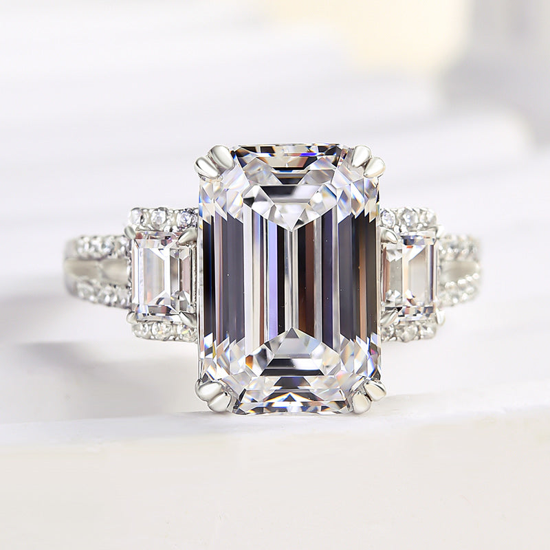 Lovely Split Shank Emerald Cut Three Stone Engagement Ring