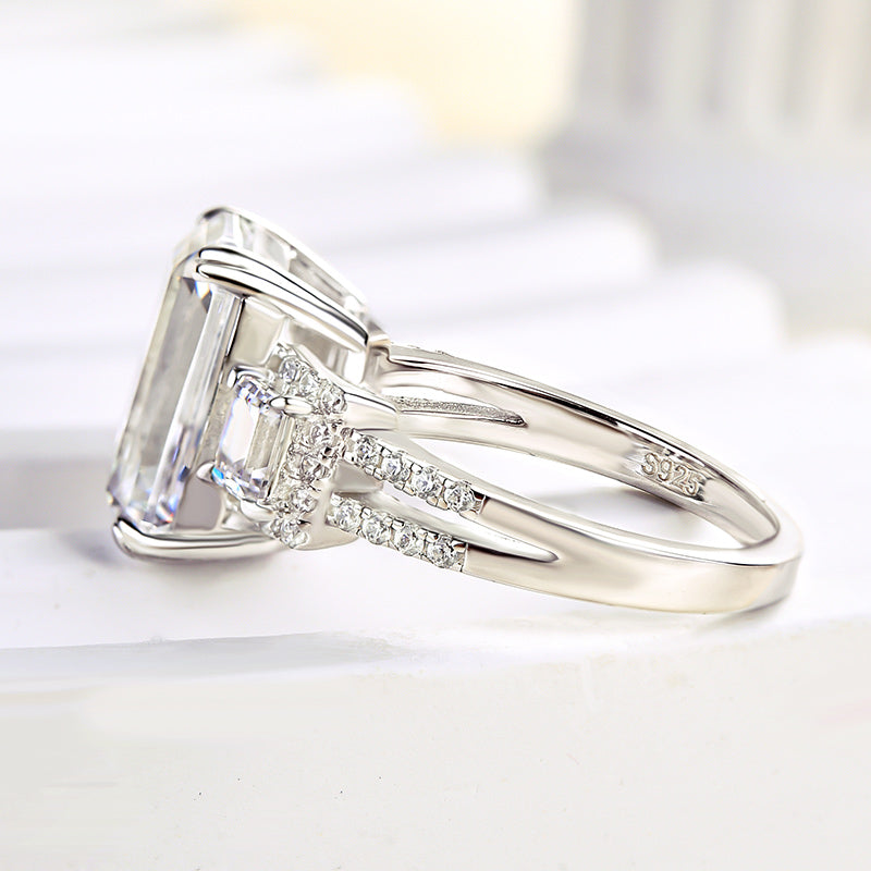 Lovely Split Shank Emerald Cut Three Stone Engagement Ring