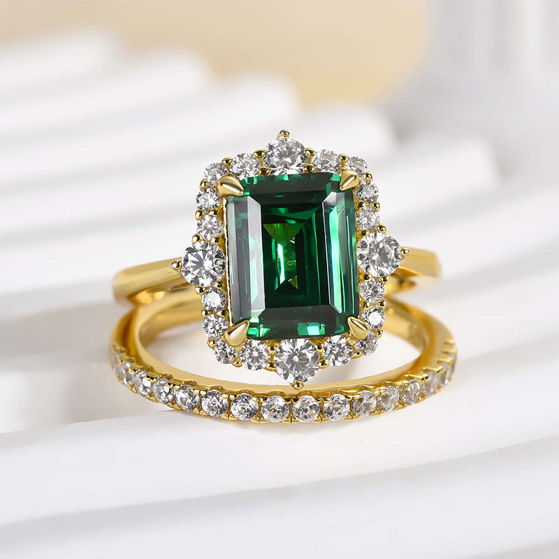 Exclusive Yellow Gold Halo Emerald Cut Wedding Sets In Sterling Silver