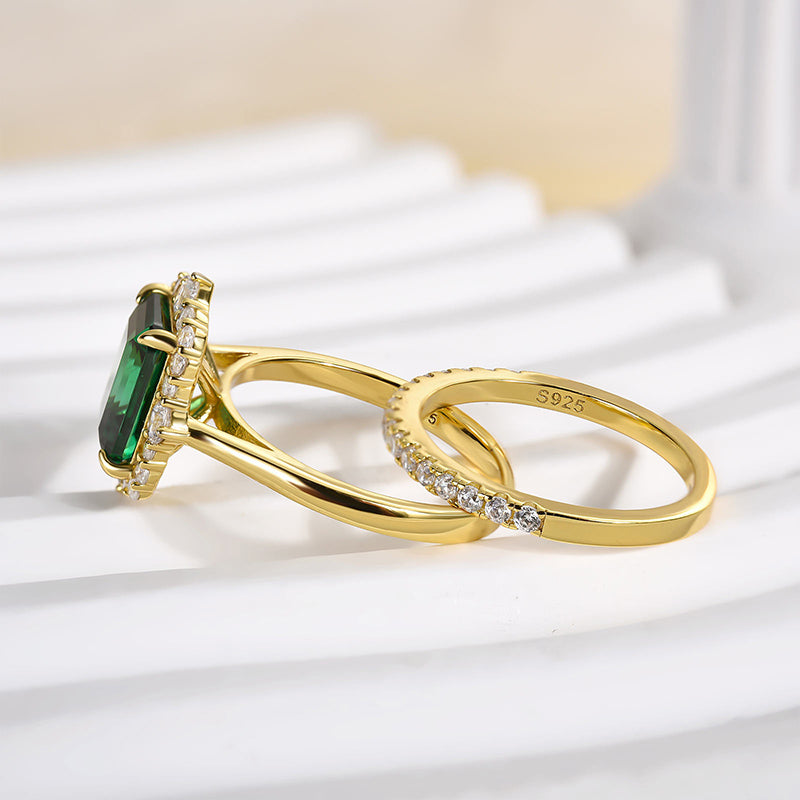 Exclusive Yellow Gold Halo Emerald Cut Wedding Sets In Sterling Silver