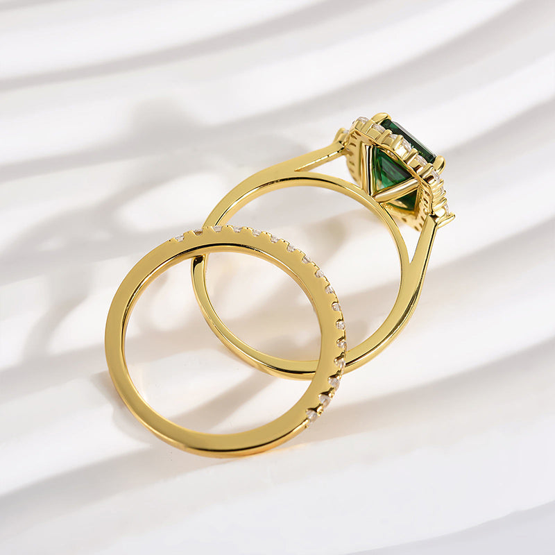Exclusive Yellow Gold Halo Emerald Cut Wedding Sets In Sterling Silver