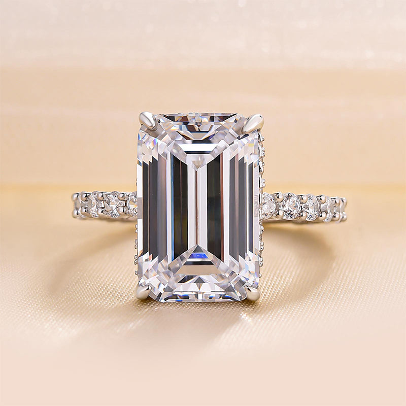 Exclusive Elongated Emerald Cut Engagement Ring In Sterling Silver