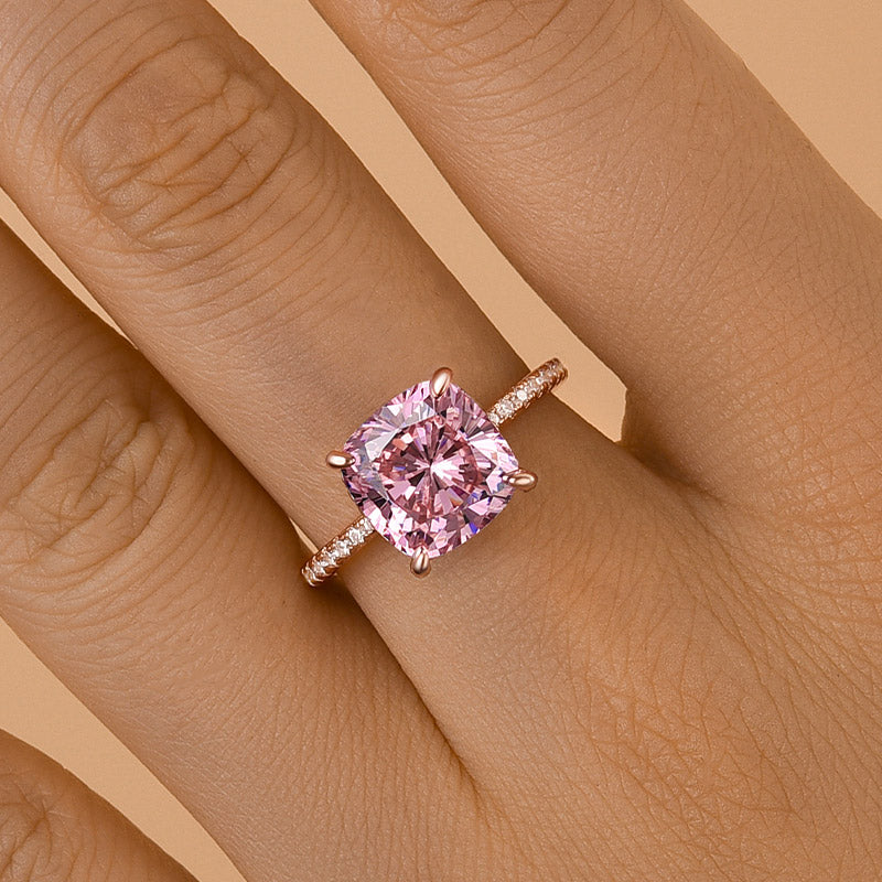 Rose Gold Peachy Pink Stone Cushion Cut Engagement Ring With Double Halo