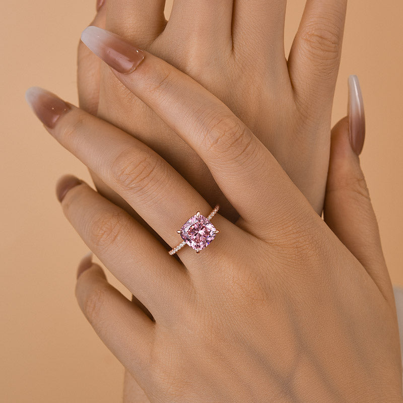 Rose Gold Peachy Pink Stone Cushion Cut Engagement Ring With Double Halo