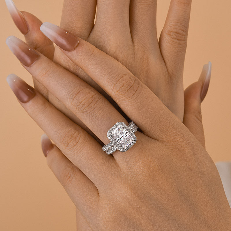 Ahabobo Luxury Halo Radiant Cut Wedding Ring Set