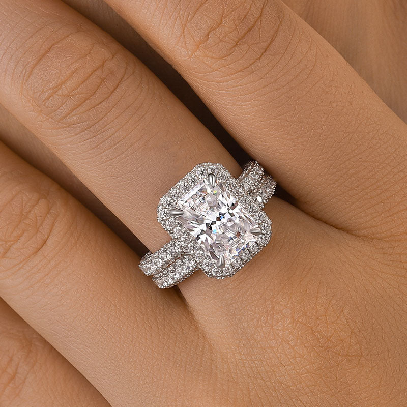 Ahabobo Luxury Halo Radiant Cut Wedding Ring Set