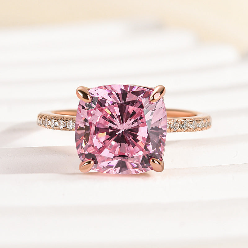 Rose Gold Peachy Pink Stone Cushion Cut Engagement Ring With Double Halo