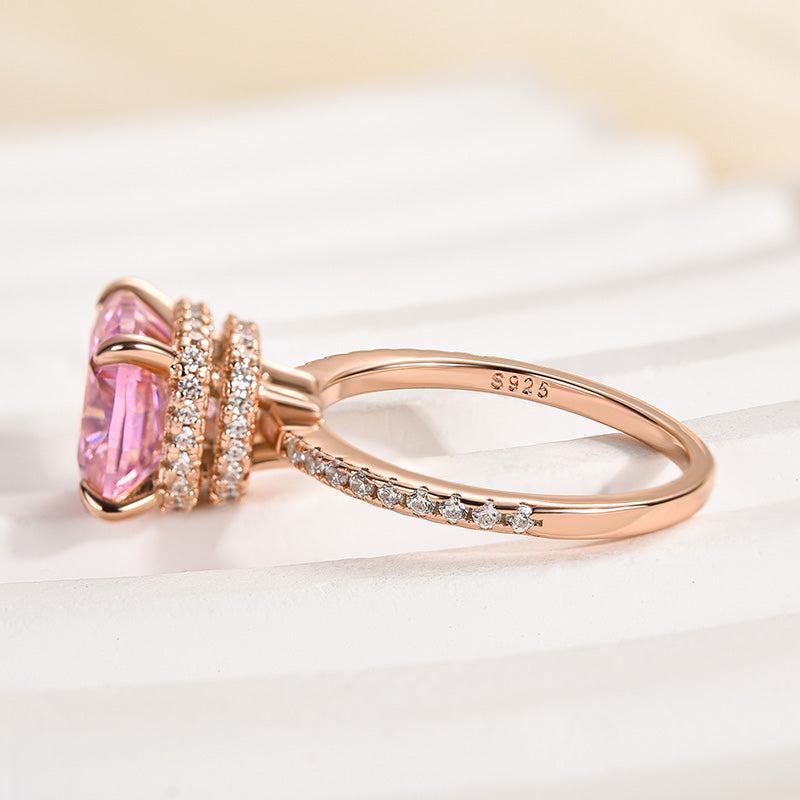 Rose Gold Peachy Pink Stone Cushion Cut Engagement Ring With Double Halo