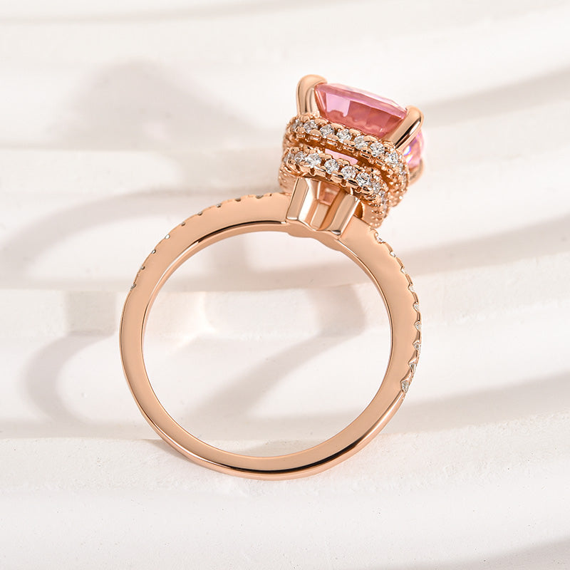 Rose Gold Peachy Pink Stone Cushion Cut Engagement Ring With Double Halo