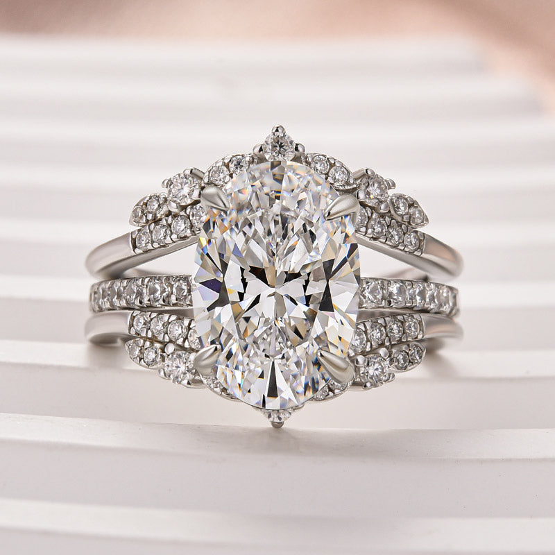 Moissanite 4.0 Ct Oval Cut Insert Wedding Ring Set With Jacket Stack Wedding Band