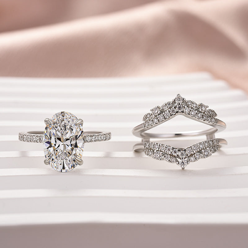 Moissanite 4.0 Ct Oval Cut Insert Wedding Ring Set With Jacket Stack Wedding Band