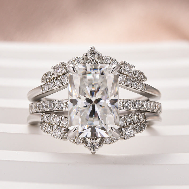 Moissanite 3.5 Ct Radiant Cut Insert Wedding Ring Set With Jacket Stack Wedding Band