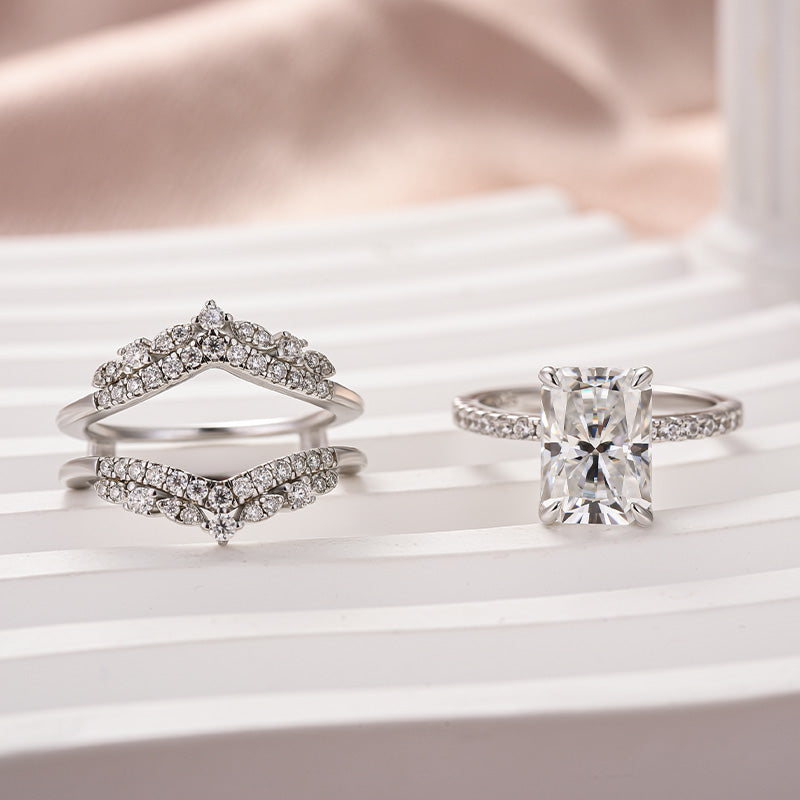 Moissanite 3.5 Ct Radiant Cut Insert Wedding Ring Set With Jacket Stack Wedding Band