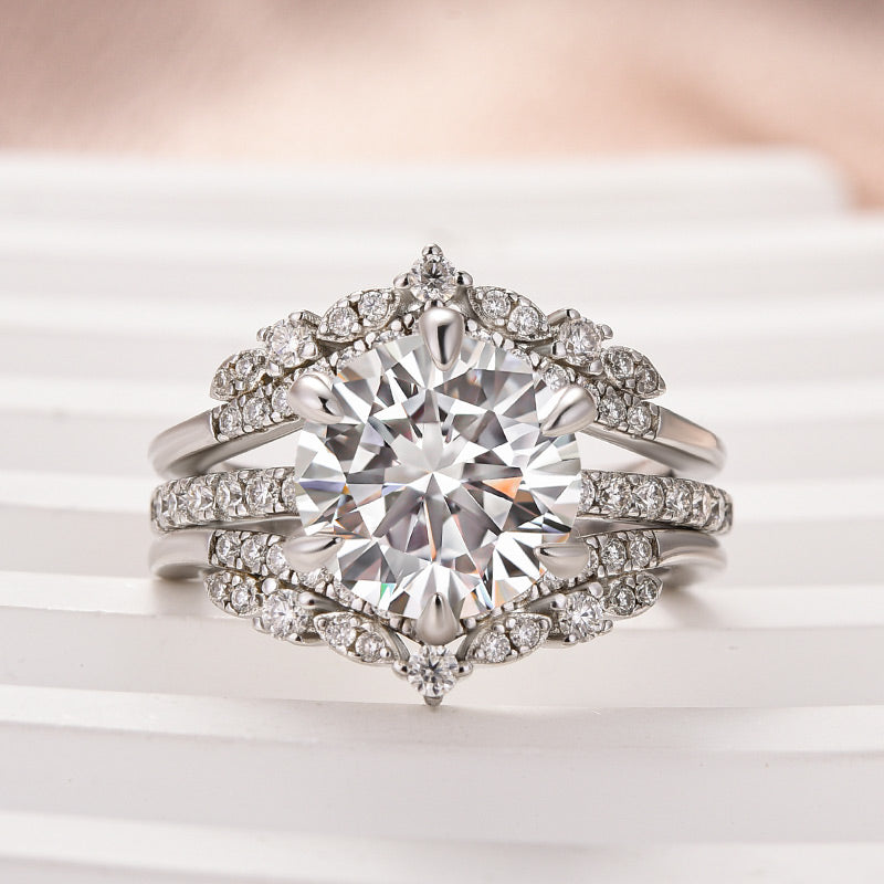 Moissanite 3.0 Ct Round Cut Insert Wedding Ring Set With Jacket Stack Wedding Band