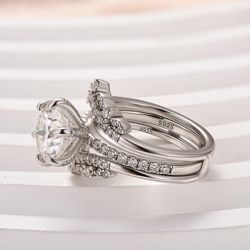 Moissanite 3.0 Ct Round Cut Insert Wedding Ring Set With Jacket Stack Wedding Band