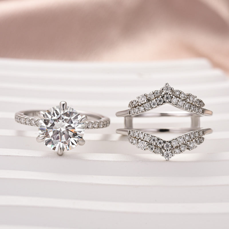 Moissanite 3.0 Ct Round Cut Insert Wedding Ring Set With Jacket Stack Wedding Band