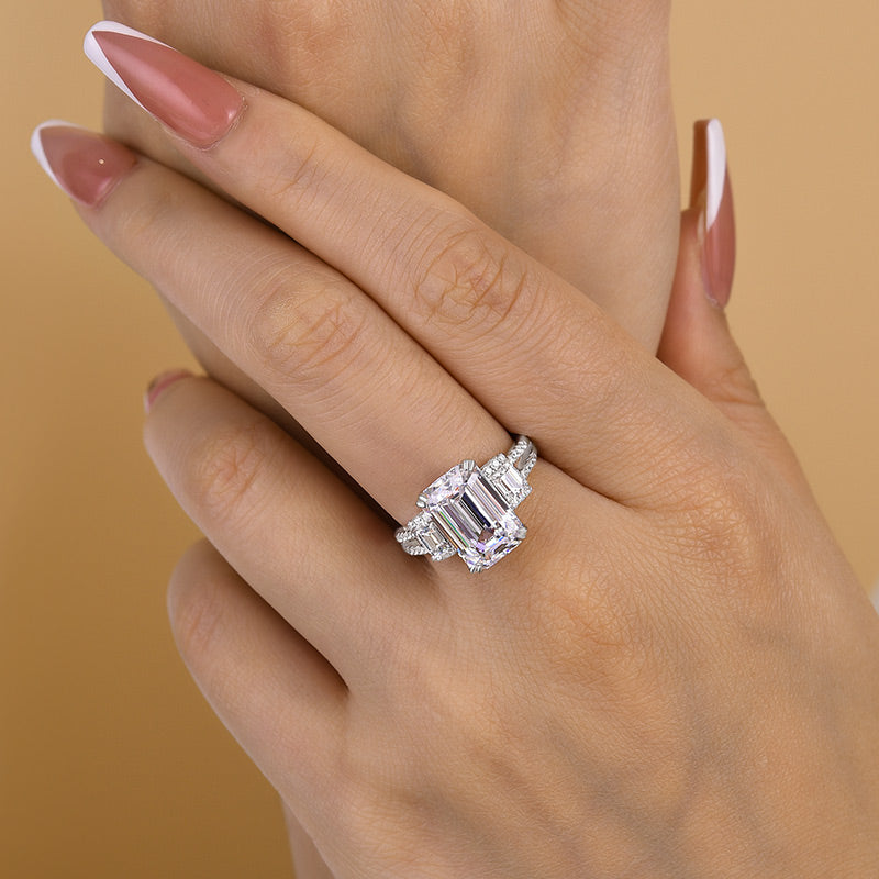 Lovely Split Shank Emerald Cut Three Stone Engagement Ring