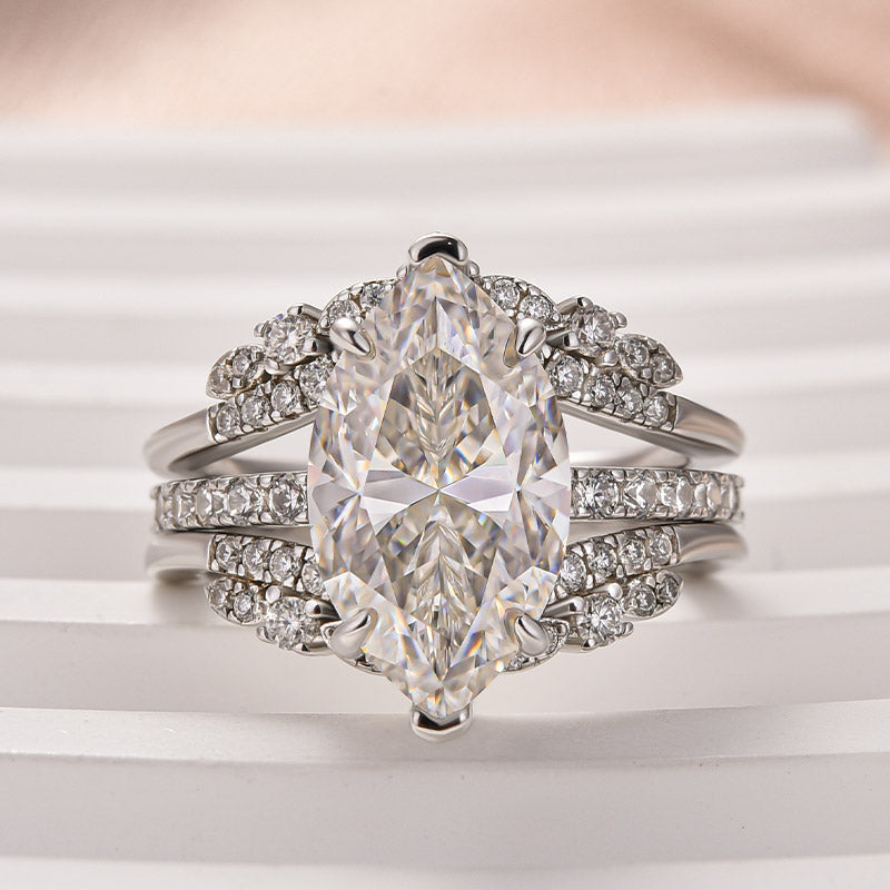 Moissanite 4.0 Ct Marquise Cut Insert Wedding Ring Set With Jacket Stack Wedding Band