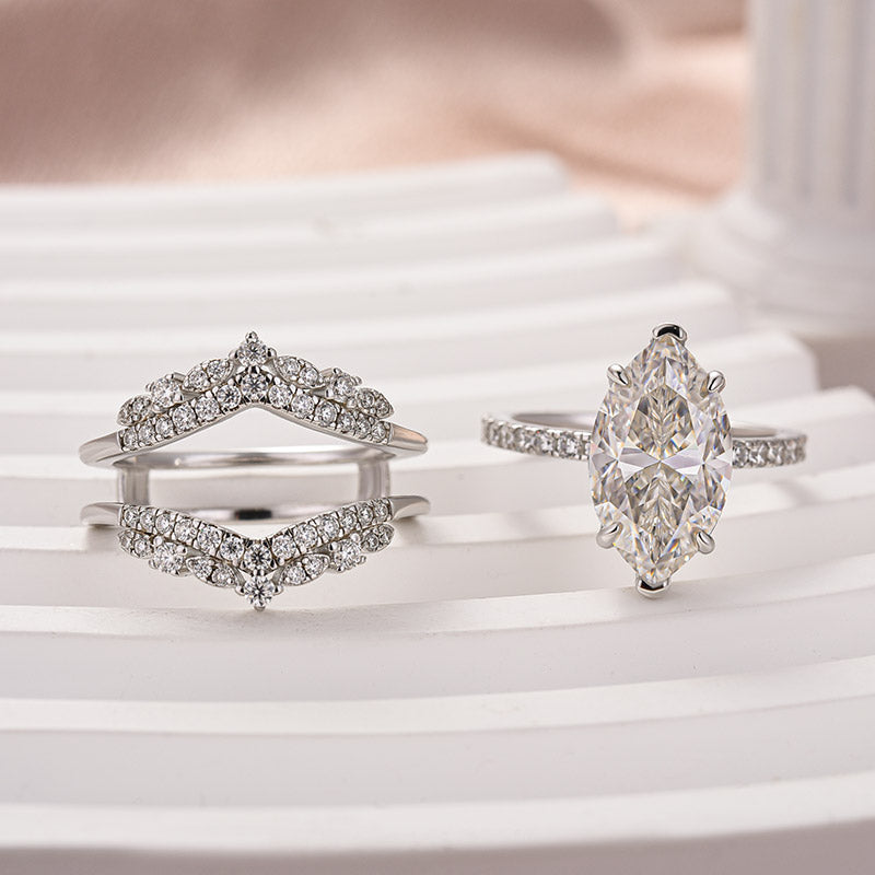 Moissanite 4.0 Ct Marquise Cut Insert Wedding Ring Set With Jacket Stack Wedding Band