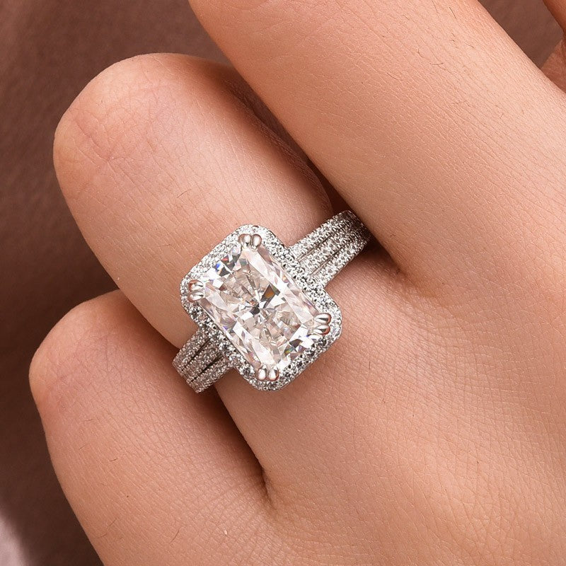 Moissanite Halo Three Shank 3.5Ct Radiant Cut White Gold Engagement Ring