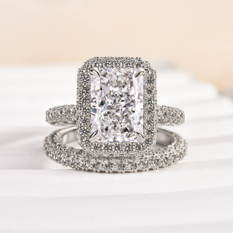 Ahabobo Luxury Halo Radiant Cut Wedding Ring Set