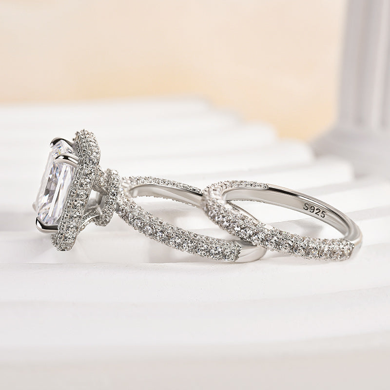 Ahabobo Luxury Halo Radiant Cut Wedding Ring Set