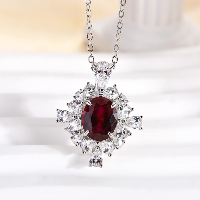 1.8 Carat Ruby Oval Cut Halo Pendant with Necklace In Sterling Silver